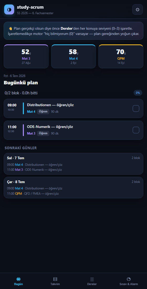 study-scrum: exam-semester planner showing weighted grade targets and a day-by-day study schedule